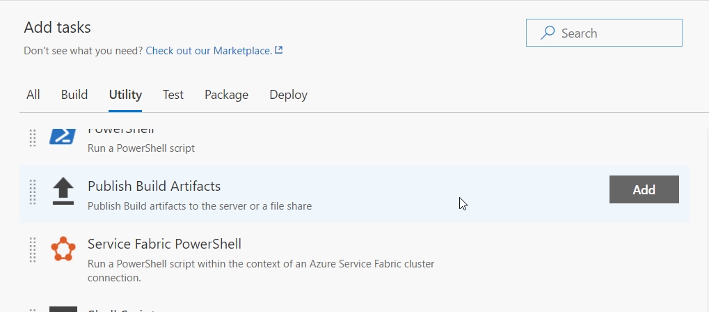 Under Add Tasks, the Utility tab is selected. Below this, Publish Build Artifacts is selected.